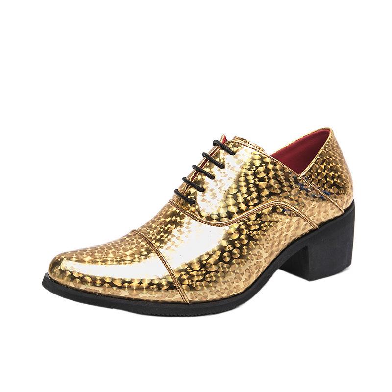 Men's Glossy Leather High Heel Shoes, Large Size, 6cm Height Increase, Trendy Nightclub Style for Spring and Autumn