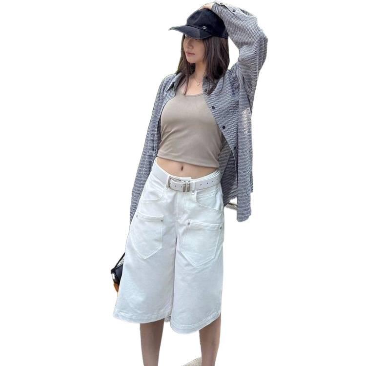Women's American Retro White Cropped Wide-Leg Jeans - Summer High Street Style