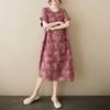 Summer Thin Cotton and Linen Retro Flower Art Over The Knee Dress Temperament Female