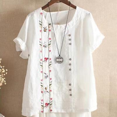 Summer Embroidered Solid Color Cotton and Linen Short-sleeved Round Neck T-shirt