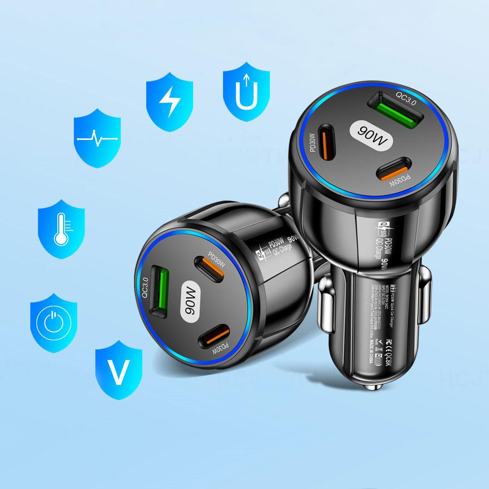 1Pc 90W LED Car Charger 3 Ports Fast Charge PD USB C Car Phone Charger Type C Adapter In Car Universal Auto Interior Accessories