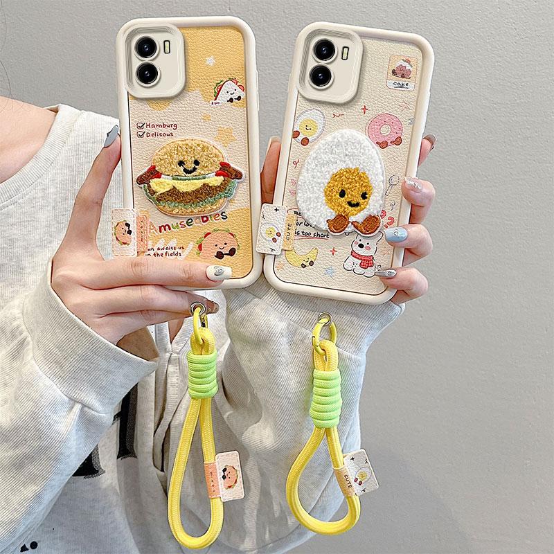 KEYSION Cartoon Cute Plush Embroidery Case for VIVO Y15S Y15A with Lanyard Soft Silicone Shockproof Phone Cover for VIVO Y16 Y01