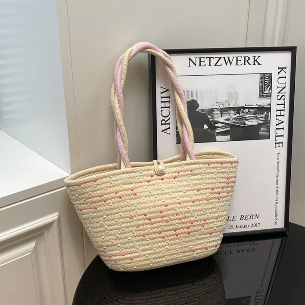 With Ribbon Woven Tote Bag Korean Style Summer Beach Bag Casual Pink Tote Handbag  Female