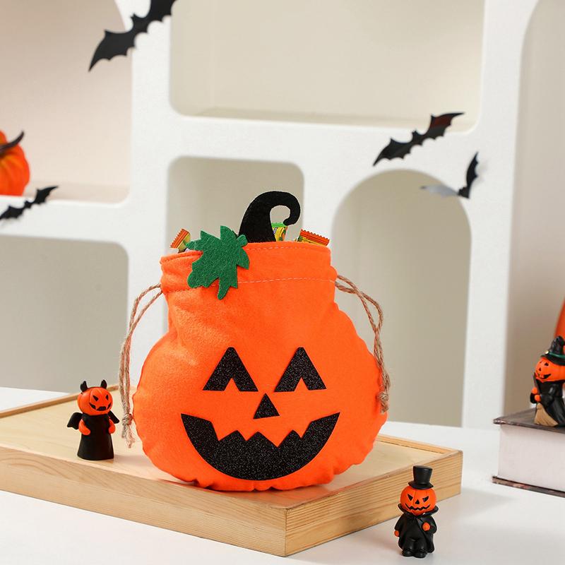Halloween Felt Treat Bag Handmade Pumpkin Candy Goodie Gift Bag With Drawstring Trick Or Treat Halloween Party Favors Supplies