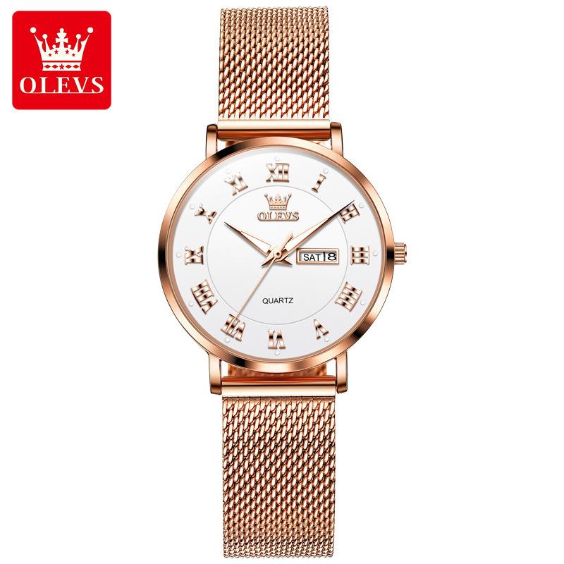 OLEVS Wasserdichte Quarzuhr für Frauen mit Doppelkalender, Milanese-Stahlarmband, Damen-Handuhr, luxuriöse Original-Kleideruhren