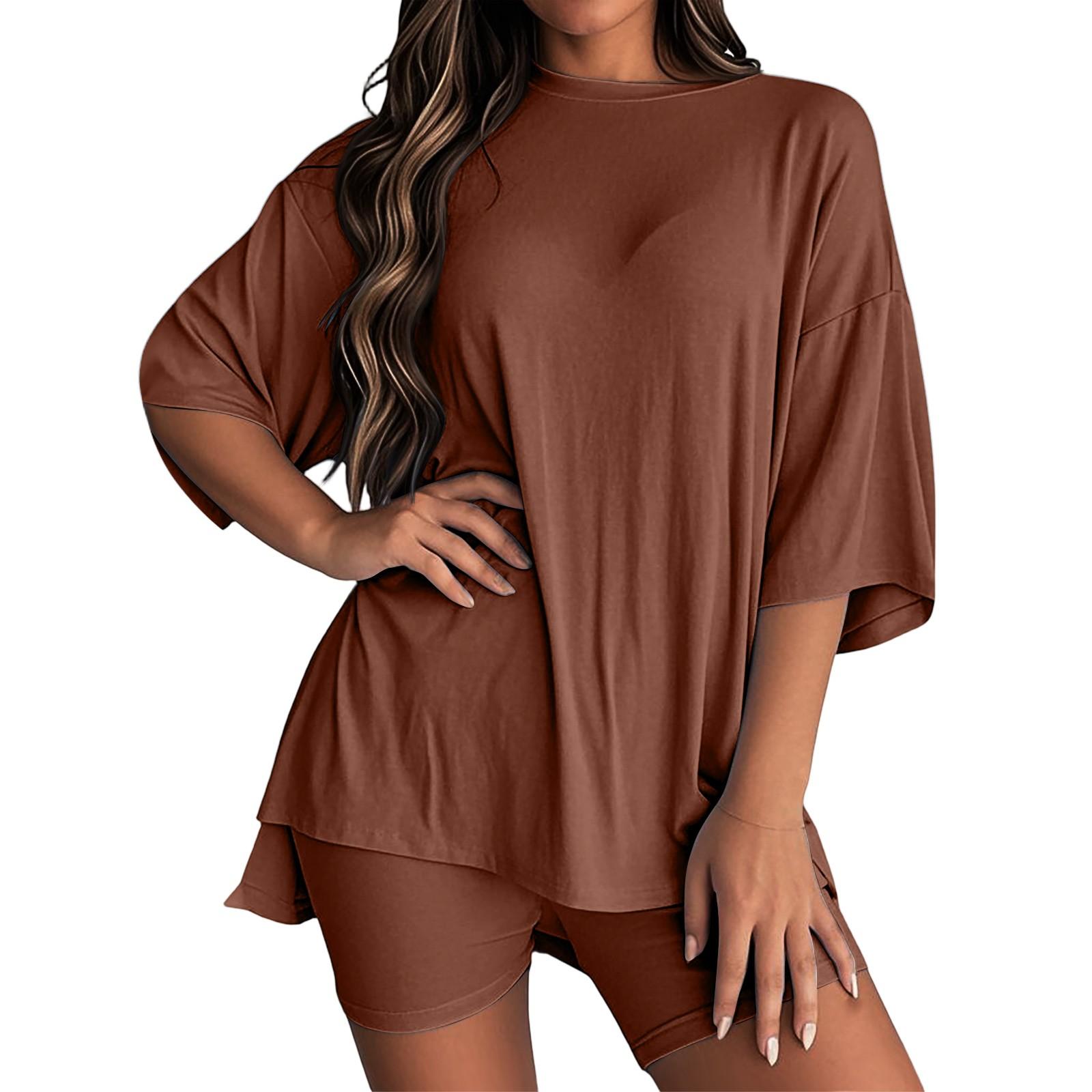 

Женский повседневный комплект из длинных брюк со средним рукавом и круглым вырезом XXL коричневый