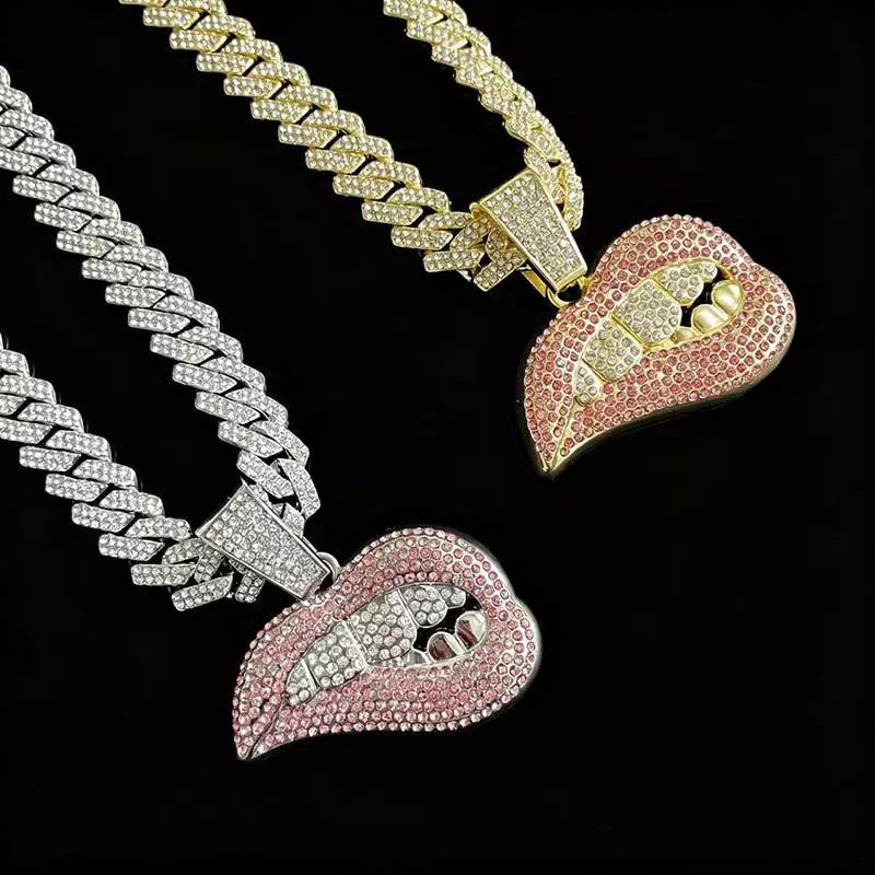 Colorful Diamond Biting Lips Pendant Necklace – Creative Hip Hop Cuban Chain