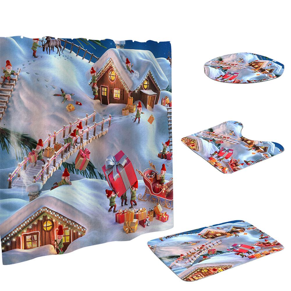 Christmas Winter Bathroom Curtain with Rugs Toilet Cover Mat Holiday Shower Curtain Printed Bath Curtain for Bathroom Decor
