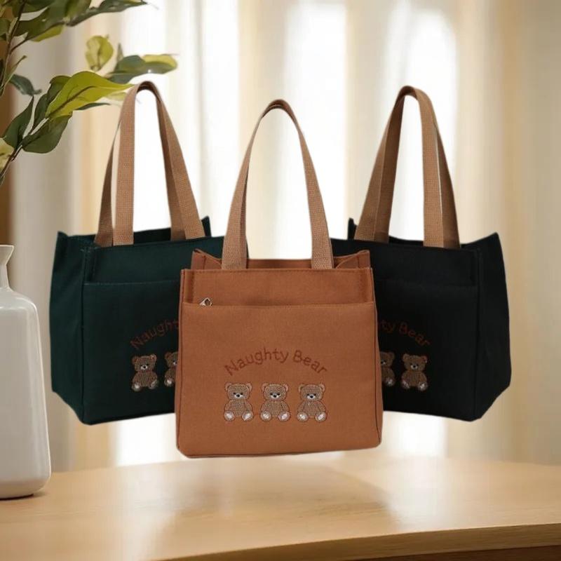 {MAX-66} Cute Small Bear Printed Canvas Versatile Handbag Commuter Office Worker Lunch Bento Tote Bag