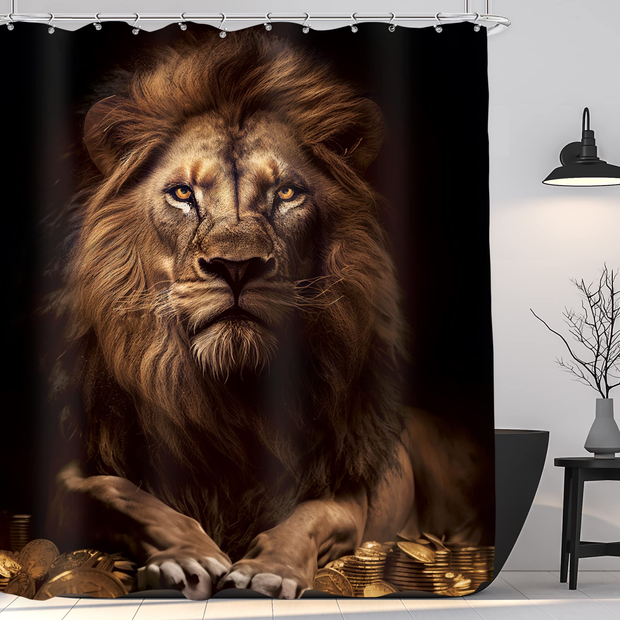 

African Lion Shower Curtain, Golden Brown Jungle Vintage Wildlife Funny Cool Safari Animal Black Artistic Fabric W60H190(CM)-1 Pcs