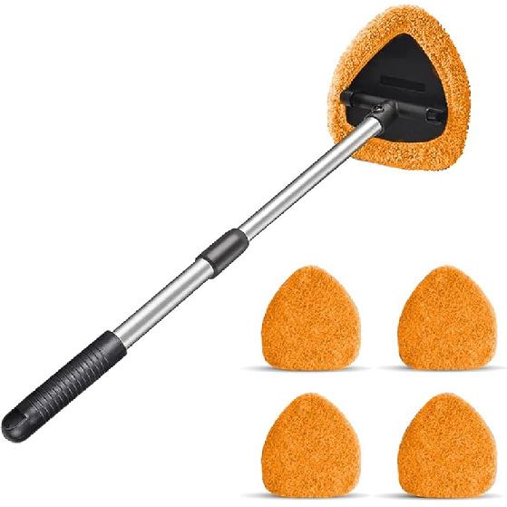 Windshield Cleaning Tool, Car Window Cleaner With 4 Washable Reusable Microfiber Pads, Extendable Long Handle Glass Wiper Cleaning Kit, Auto