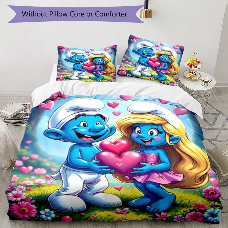 3pcs The Smurfs Bedding Set Duvet Cover Closure Includes 1 Duvet Cover & 2 Pillowcases, Soft and Comfortable for All Seasons.
