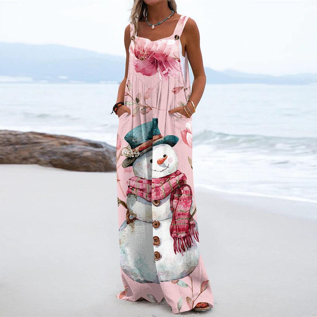 Women's Christmas Print Solid Wide Leg Strapless Tank Pocket Casual Onesie