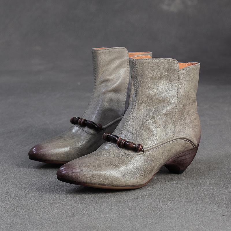 Johnature Genuine Leather Pointed Toe Ankle Boots Fashionable Versatile Mid Heeled Women's Shoes