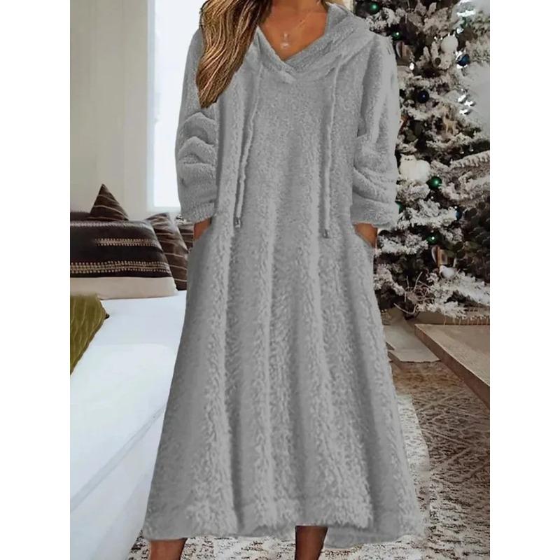 New Autumn Winter Casual Plush Hooded Long Sleeve Dress For Women Warm Home Wear Everyday Comfort Loose Maxi Dresses Robe Femme