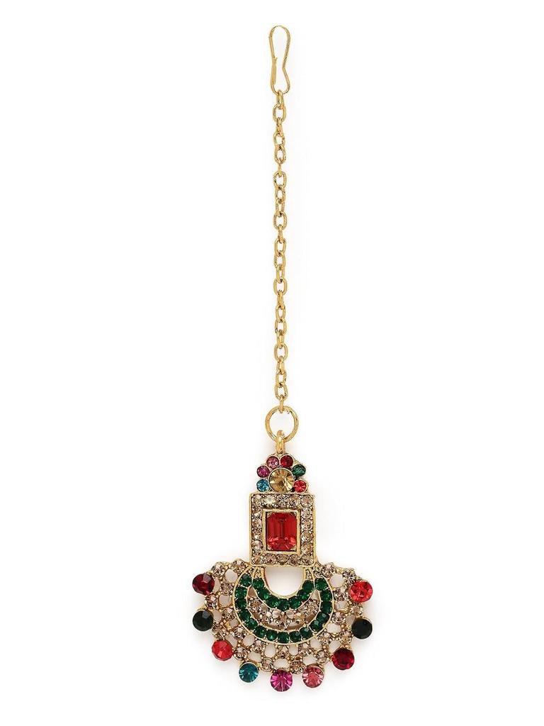 Graceful Curve Shaped Gold Plated AD Stones Choker Necklace Set With Earring And Maangtika | Jewellery Set For Women