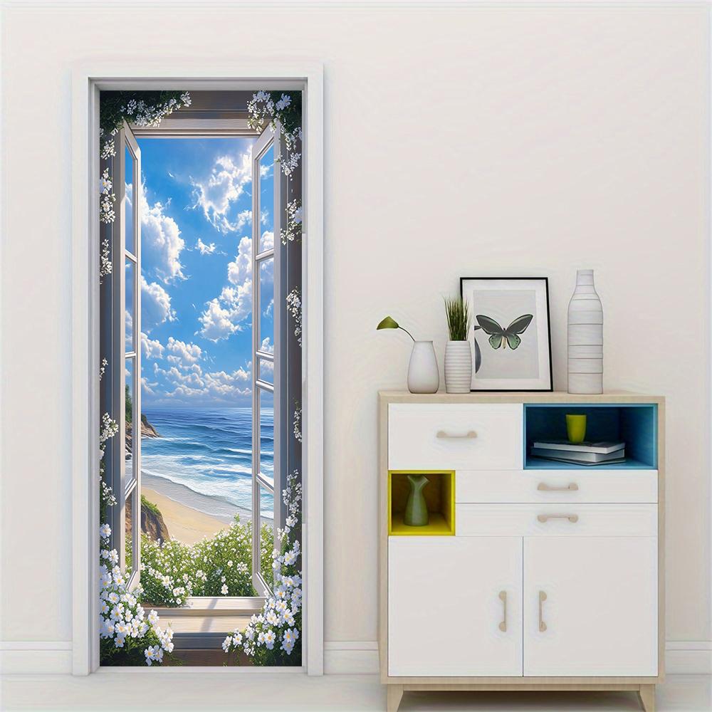 1pcs Self Adhesive Removable Vinyl Door Stickers Sea View Window Stickers Living Room Bedroom Entrance Decoration Stickers Blue