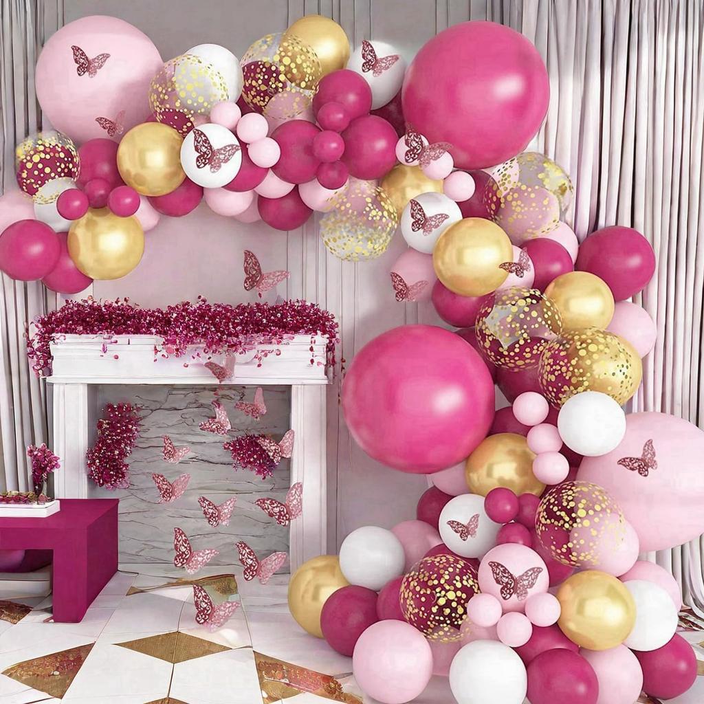 124PCS pink, gold, and white latex balloon set suitable for birthday parties, weddings, Valentine's Day parties, and decoration