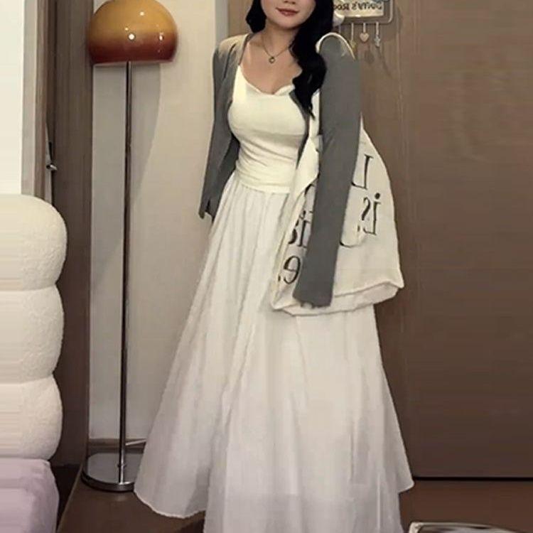

Plus Size White Three-Piece Set: Thin Camisole, Cardigan, and High-Waist Long Skirt 2XL (Recommended 130-145 jin)