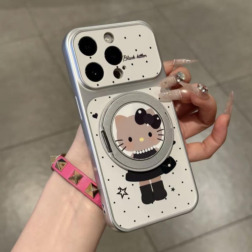 Black Cat Rotating Bracket for iPhone17Promax Large Window Mobile Phone Case Apple 16/15/14 Plating