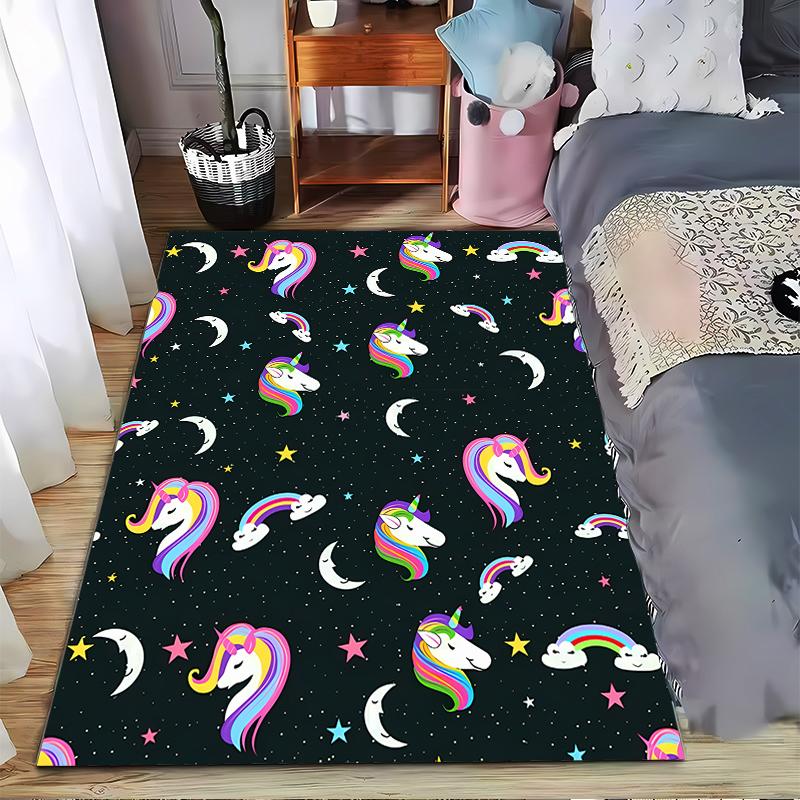 Colorful Unicorn Pattern Carpet with Stars, Moons, and Rainbows Design Suitable for use as an anti-slip for living room bedroom sofas