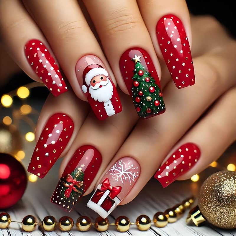 Snowflake Press on Nails Christmas Long Square Fake Nails Winter Snowman Acrylic Glue on Nail Glossy Xmas Stick on Nail for Women