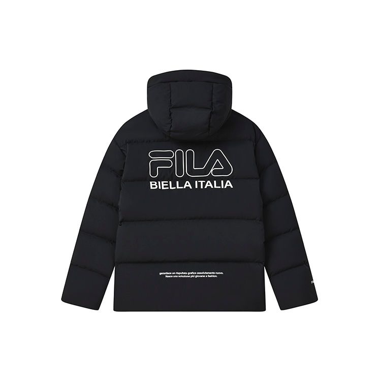 Fila Geacă de puf lejeră casual cu glugă, cu logo simplu, cu mâneci lungi, unisex, îmbrăcăminte exterioară neagră F11U249902F-BK