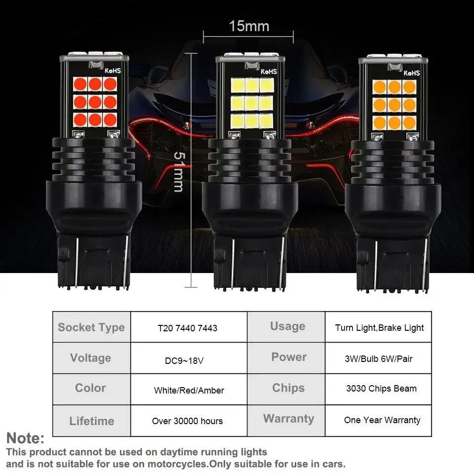 2pcs T20 7443 Led Brake Light Reverse Light Bulb Fit for Universal Car 7440 W21W W21/5W Amber Red Light 12V