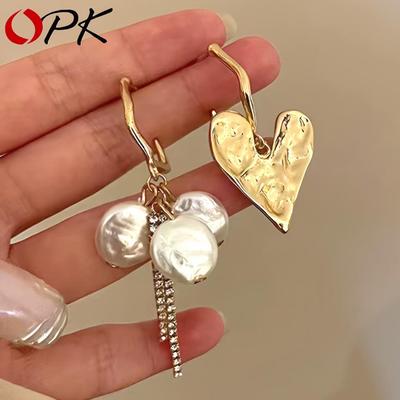 Boucles d'oreilles pendantes asymétriques uniques, Boucles d'oreilles pendantes en fausse perle en forme de cœur, Vintage… Plus
