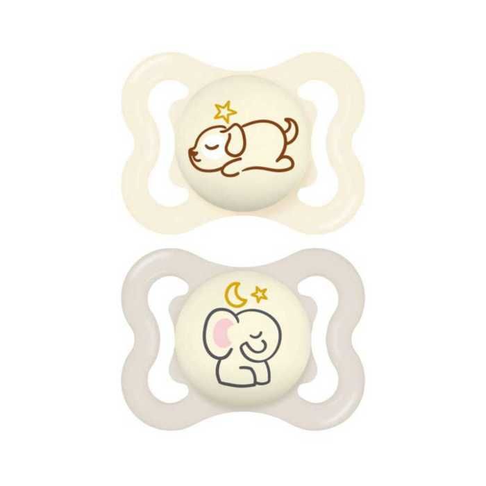 Sucettes-MAM Sucette Suprême Nuit - 2-6 Mois - Silicone - X2 (Modèle : Chat Et Escargot)