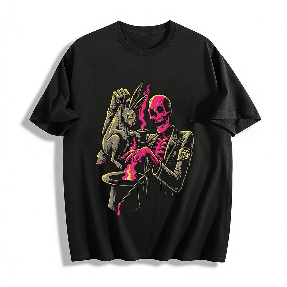 

Gothic Halloween Dark Skeleton Magician Three-eyed Rabbit Print Casual Long-sleeve T-shirt Pure cotton T-shirt 6XL