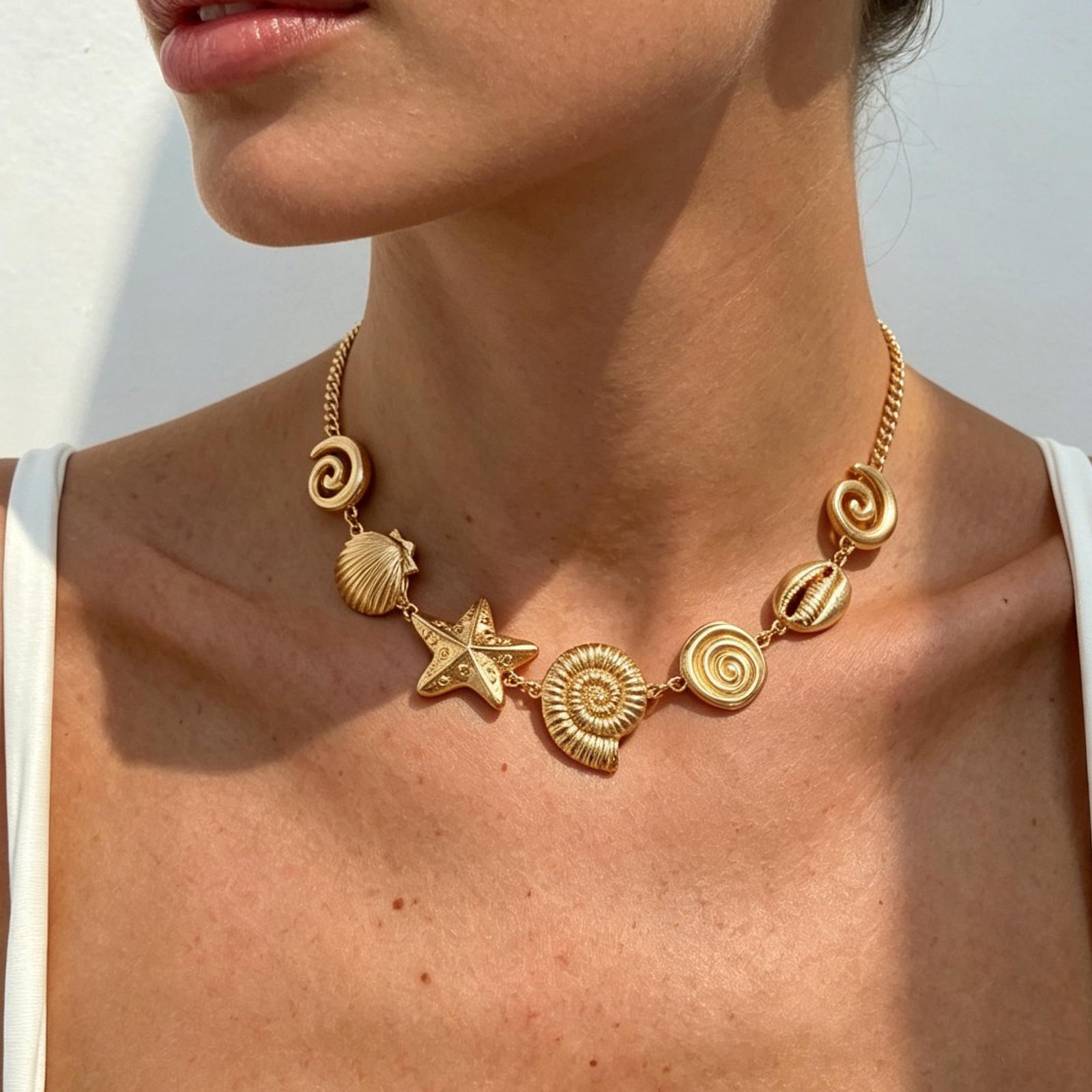 

Gold Shell Starfish Necklace for Women Simple Vintage Summer Holiday Accessory Ladies Fashion Jewelry