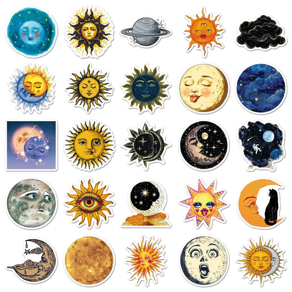 50 Retro Fantasy Sun Moon Stars Stickers: Cartoon Graffiti for Skateboards, Refrigerators, Journals.