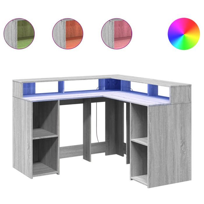 VidaXL Desk and LED Lights Sonoma Grey 130x130x91cm Engineered Wood, Computer Desk, Writing Desk, Furniture of 3309452