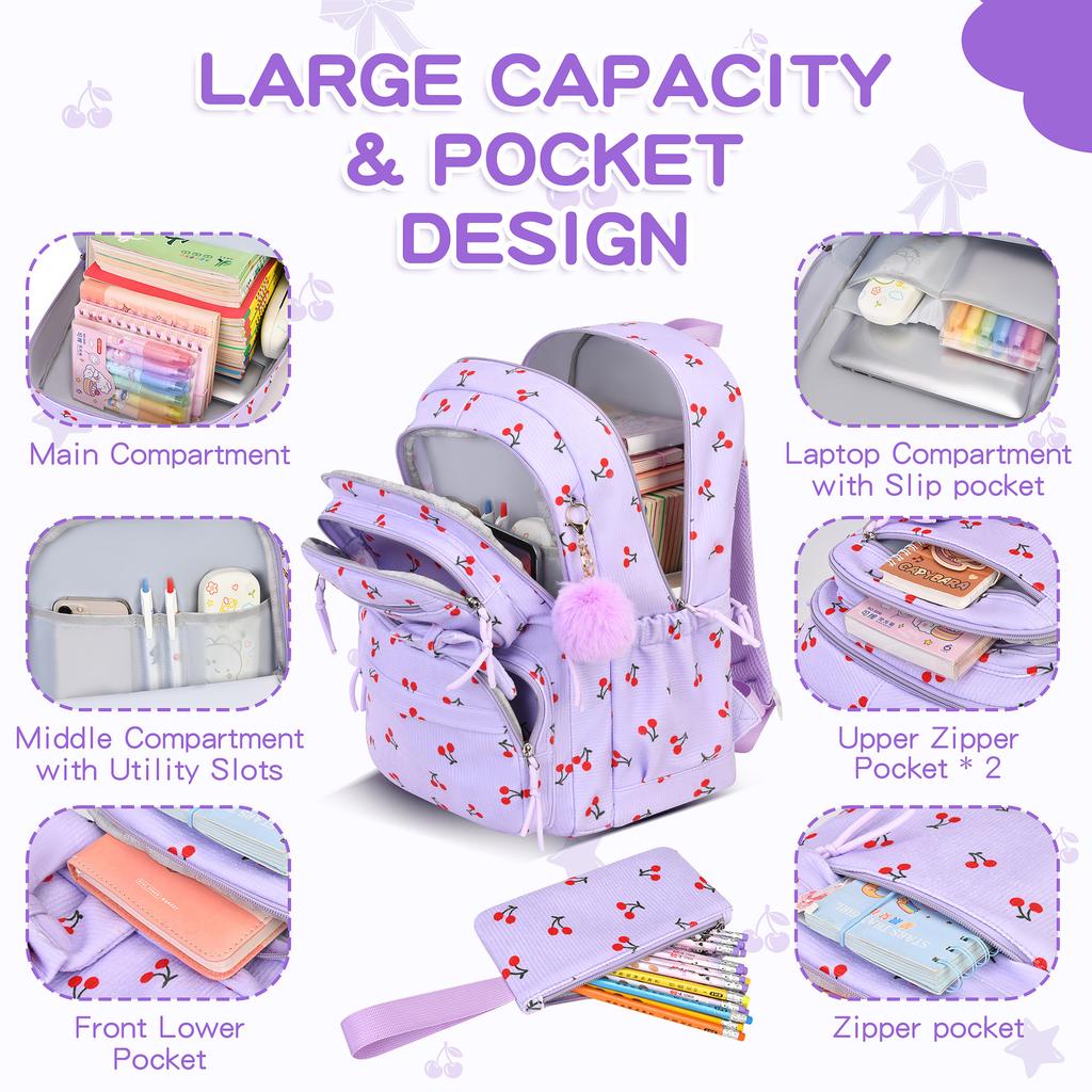 Corduroy Three-Piece Backpack Cherry Pattern Girl Heart Large Capacity Lightweight Backpack