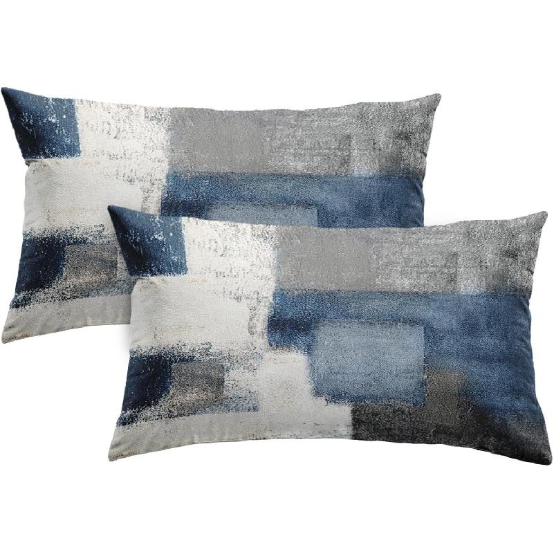 2PC Lumbar Decor Throw Pillow Covers Blue and Grey Cushions Rectangle Design Abstract Art Painting Style Modern Contemporary Home Decorative Cushion
