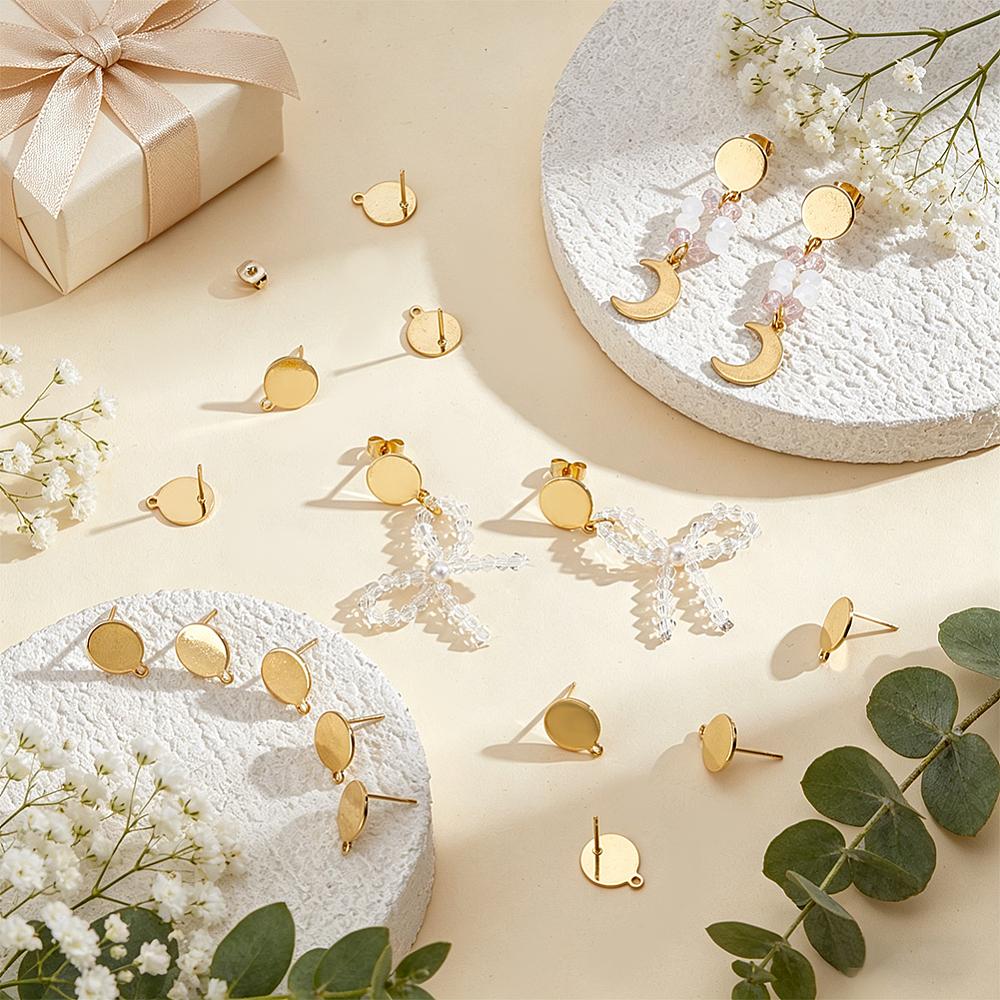 304 Stainless Steel Stud Earring Findings, with Loop and Ear Nuts, Flat Round, Golden, 13x10.5x0.8mm, Hole: 1.2mm, Pin: 0.8mm, 50pcs/box