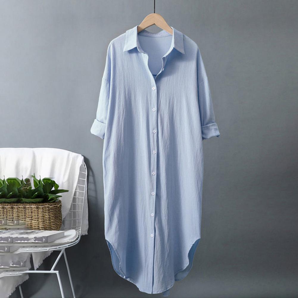 Women Shirt Lapel Three-quarter Sleeves Mid-length Shirt Tops Single Breasted Solid Color Loose Fit Casual Shirt
