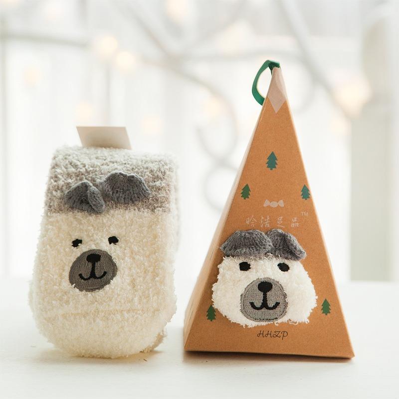 Autumn/Winter Coral Fleece Cartoon Socks - Half Fleece Sleep Women's Socks with 3D Embroidery Christmas Socks