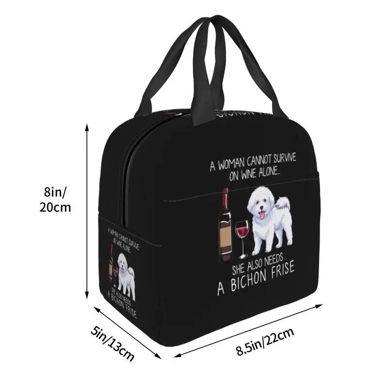Bichon Frise And Wine Funny Dog Portable Lunch Box Waterproof Pet Puppy Thermal Cooler Food Insulated Lunch Bag Office Work