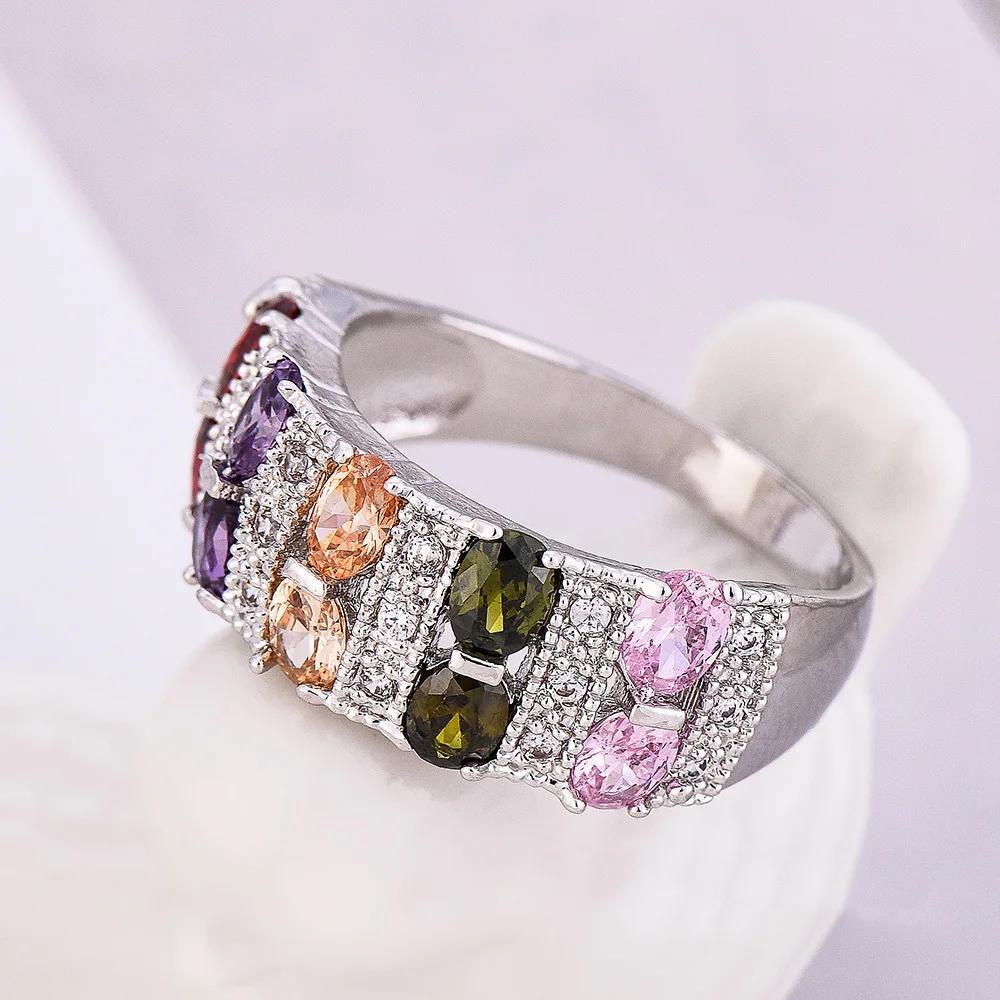 Bohemian Female Rainbow  Sterling Silver Filled Promise Engagement Rings for Women Colorful CZ Crystal Wedding