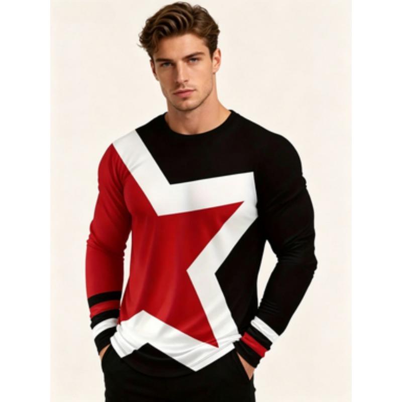 Herren Langarm-T-Shirt, Rundhals Lässiges Oberteil mit Geometrischen Roten, Schwarzen, Weißen Sternen-Prints, Trendiger Street Style