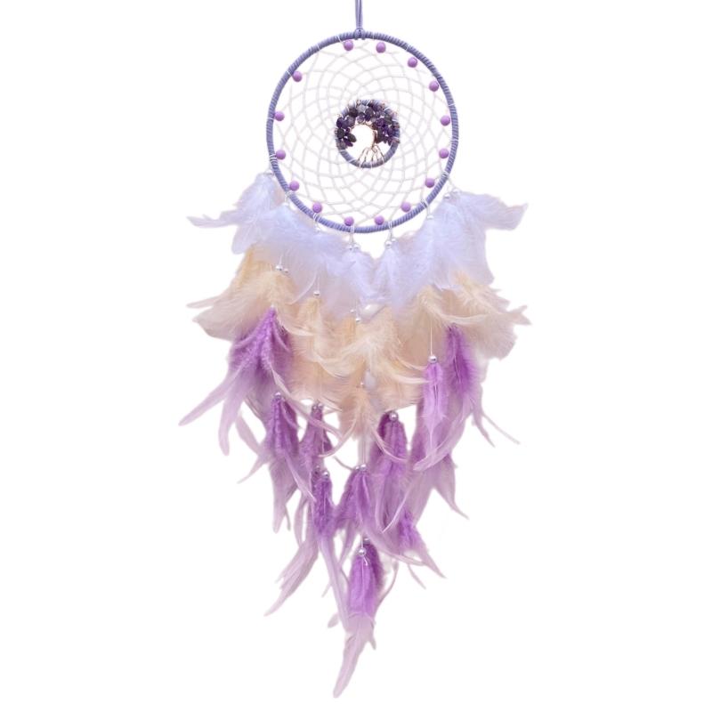 

Crystal Stone Tree Woven Dreamcatchers Wall Art Handmade Beads Feathered Tassels Wall Hanging Ornament for Home Decors