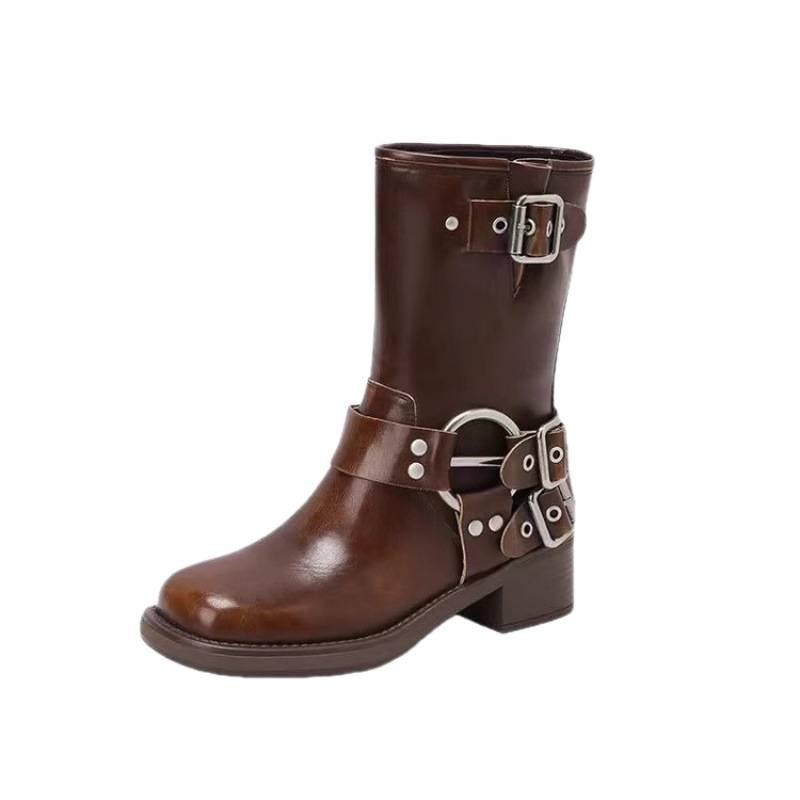 Women's Chunky Heel Belt Buckle Martin Boots - Brown Western Cowboy Ankle Boots, 2025 Punk Rider Vintage Style