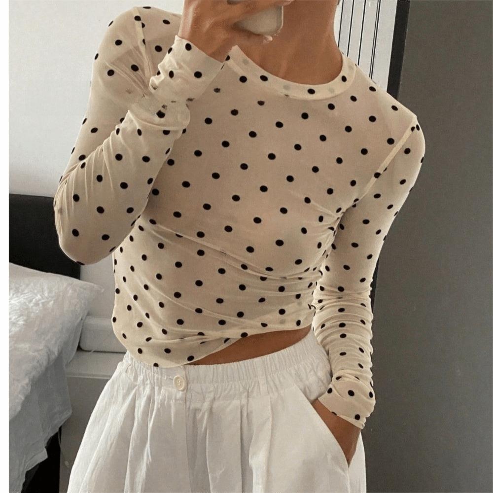 Leopard Polka Dot T-Shirt Transparent Y2k Crop Top Breathable Long Sleeve T-Shirt Date Night