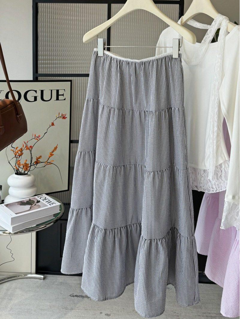 

Korean-Style Sweet High-Waisted Ribbed A-Line Midi Skirt, Women s Spring/Summer New Arrival, Slimming Versatile Umbrella Design, Big Hem Skirt One Size