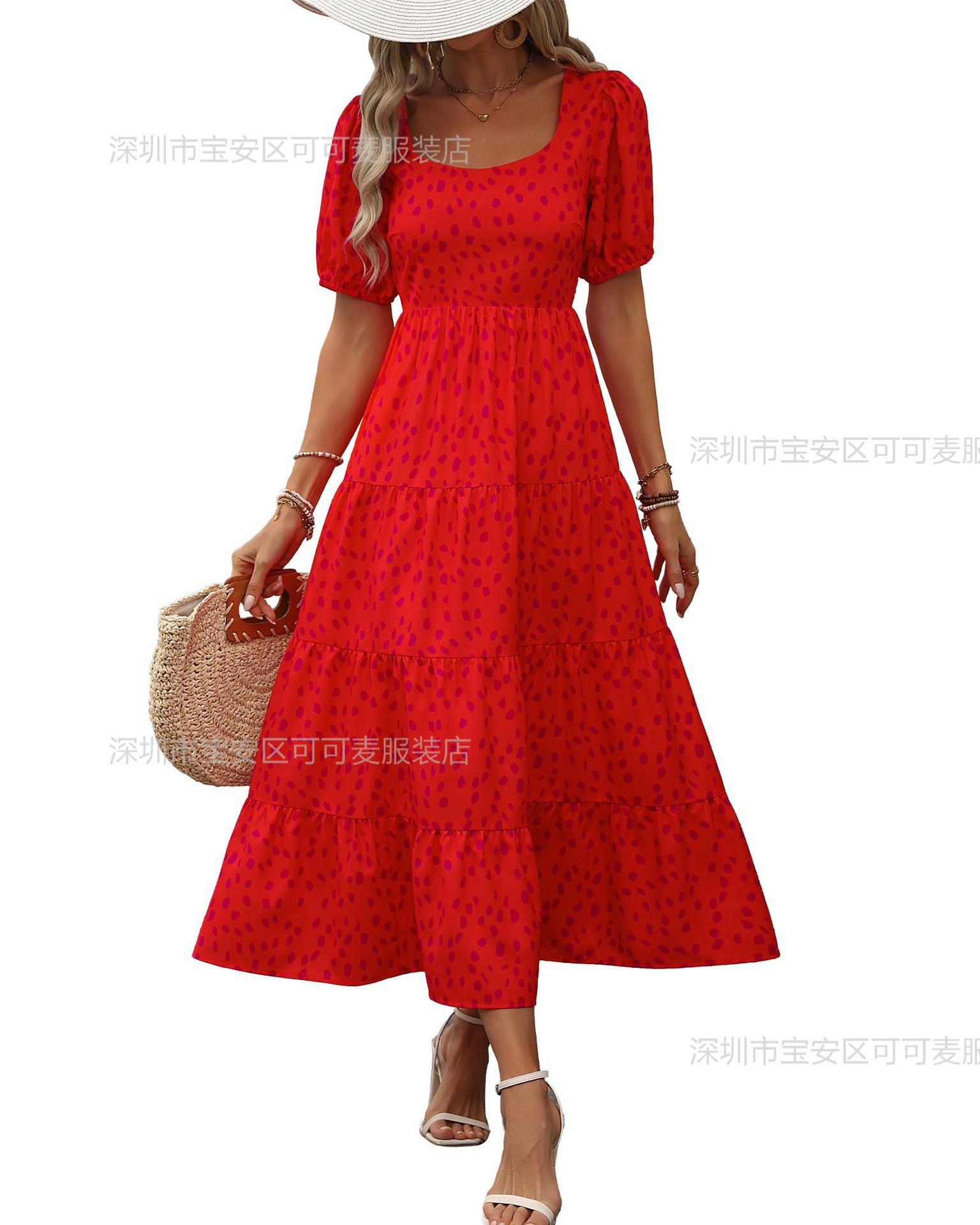 2 New bubble sleeve pleated backless printed high waist short sleeve dress women S красный