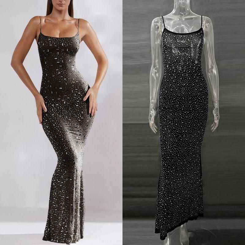 

Transition Sexy Socialite Accessible Luxury Heavy Embroidery Hot Drilling Transparent Blouse Fashion Style Big Brand Catwalk Mesh Long Sleeves Dress Sling Black L