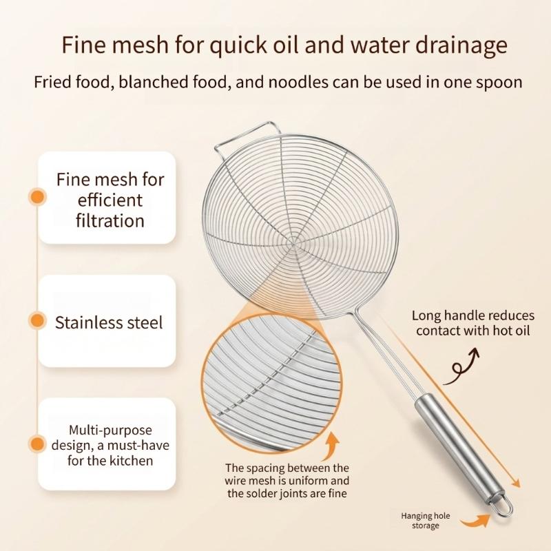 Long Handle Skimmer Spoon Stainless Steels Spiders Wire Strainer Ladle with Hook for Boiling Noodles and Hot Pot Serving in Kitchen Use