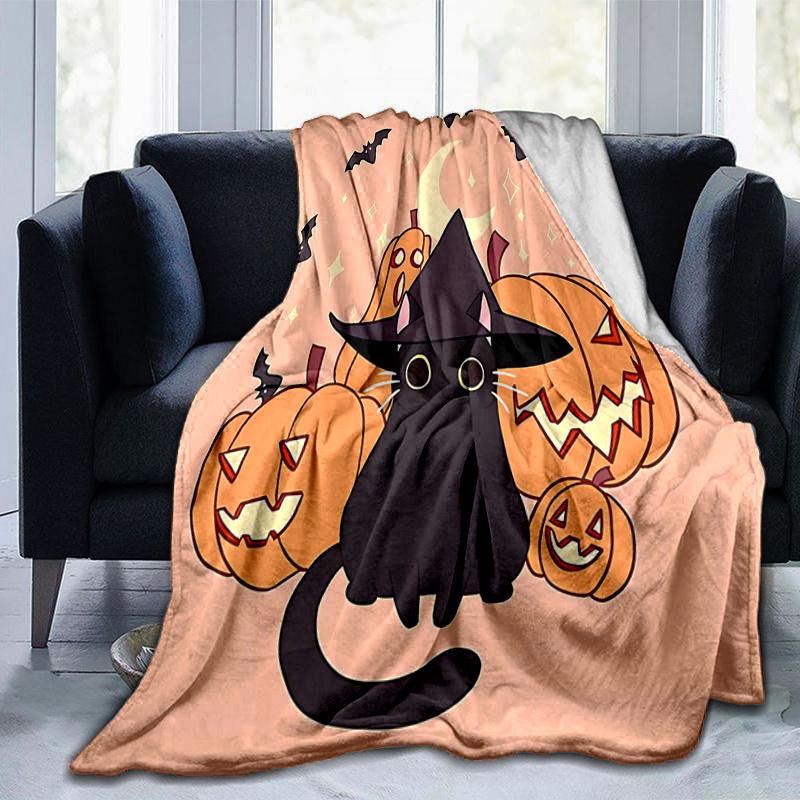 1pc Moon Bat Pumpkin Cat Blanket Seasonal Home Decorative Throw for Room, Cute Gift Idea, Living Room, Travel, Camping, Car Blankets